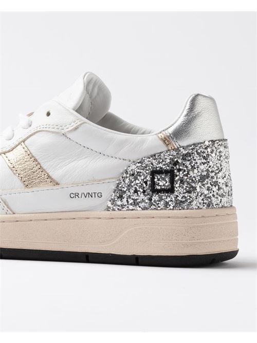 Sneakers bassa in pelle colore bianco e glitter color argento DATE | COURT VINTAGE CALFWHITE SILVER